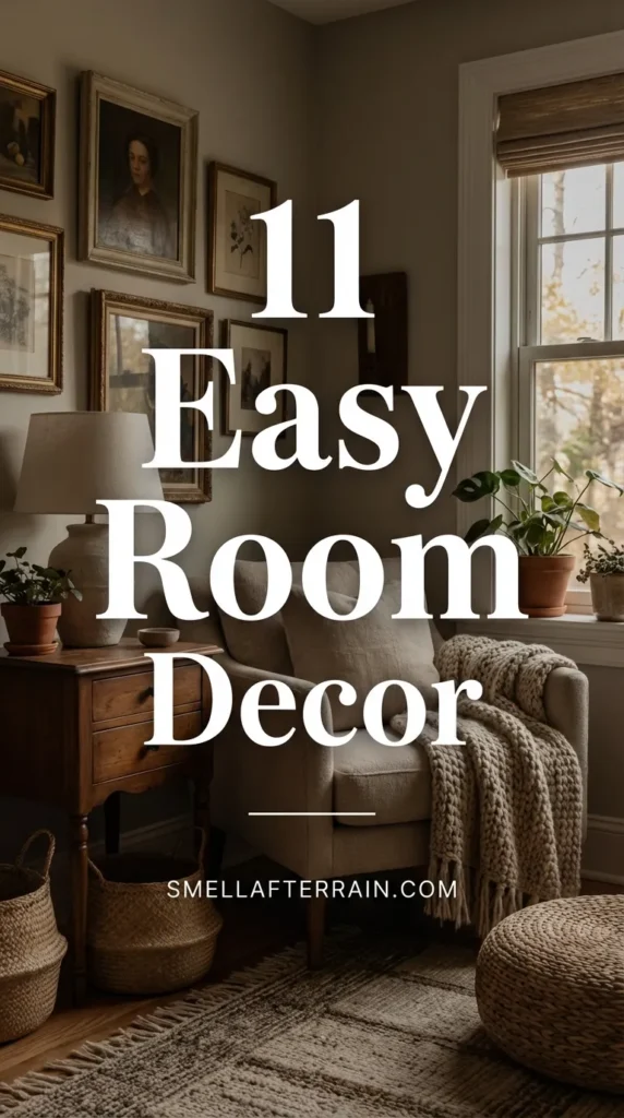 Easy Room Decor: A cozy, sunlit corner featuring vintage textures, warm blankets, and nostalgic accents creating a low-maintenance sanctuary.