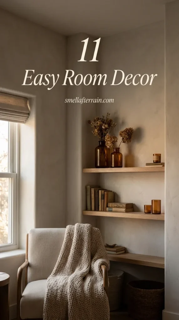 Easy Room Decor: A cozy, low-maintenance living space featuring vintage textures, warm lighting, and efficient organization that creates a nostalgic sanctuary vibe.