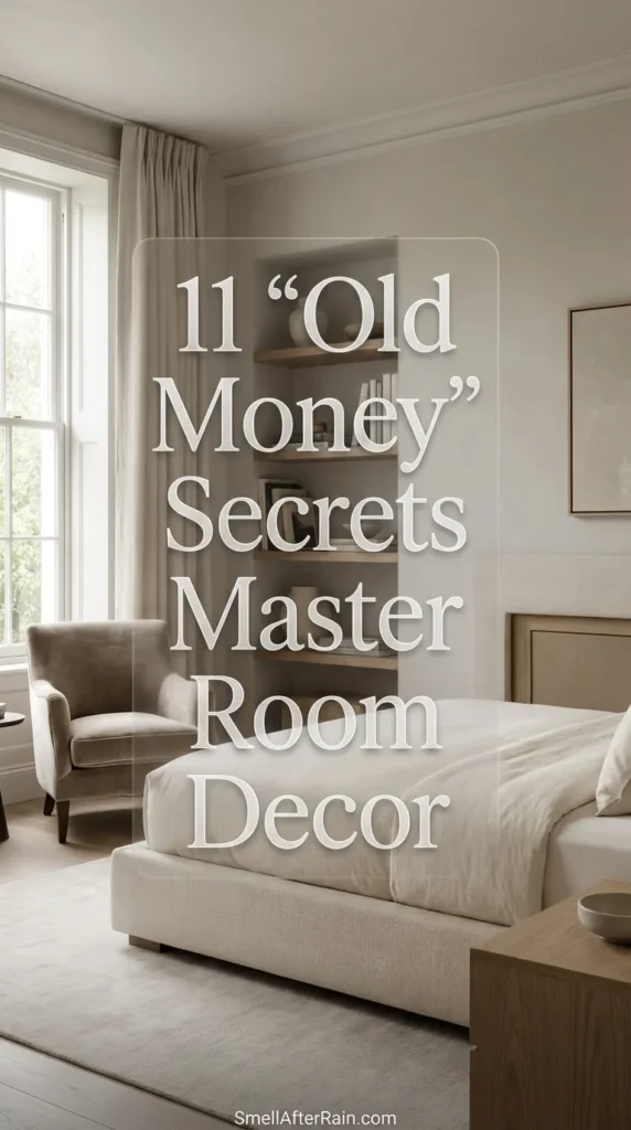 A sophisticated master bedroom interior featuring rich walnut furniture, cream heavy drapes, and heritage artwork, visualizing 11 "Old Money" Secrets Master Room Decor. The room embodies high-end minimalism and timeless luxury design elements suitable for a grand suite makeover.
