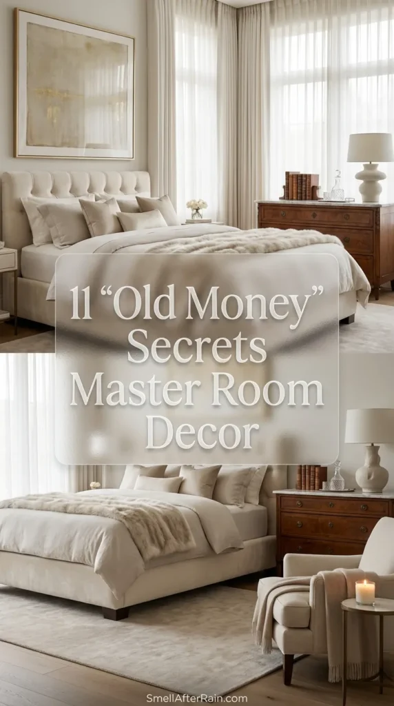 A sophisticated master bedroom featuring dark wood antique furniture, heavy velvet drapes, and crisp linen bedding. The space exemplifies 11 "Old Money" Secrets Master Room Decor, showcasing timeless interior design rules, oil paintings with gold frames, and a layout optimized for quiet luxury and high-end minimalism.