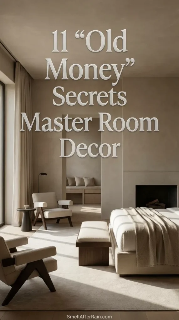A photo of an elegant master bedroom featuring antique wood furniture, neutral linen bedding, and a vintage rug, illustrating 11 "Old Money" Secrets Master Room Decor strategies.