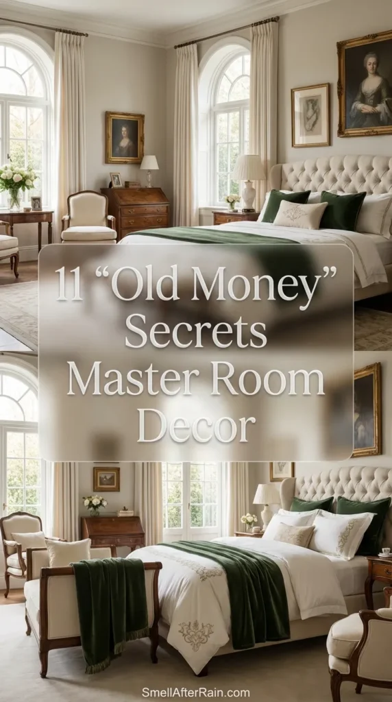 A sophisticated master bedroom featuring heritage wood furniture, heavy linen curtains, and a neutral color palette. The room exemplifies 11 "Old Money" Secrets Master Room Decor, showing a symmetrical layout and high-quality textures typical of timeless interior design.