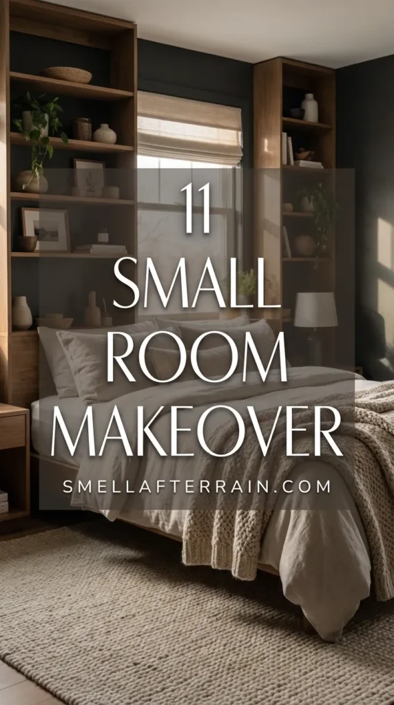 Small Room Makeover: A cozy tiny bedroom featuring moody dark paint, floor-to-ceiling shelving, and soft linen bedding creating a relaxing atmosphere.