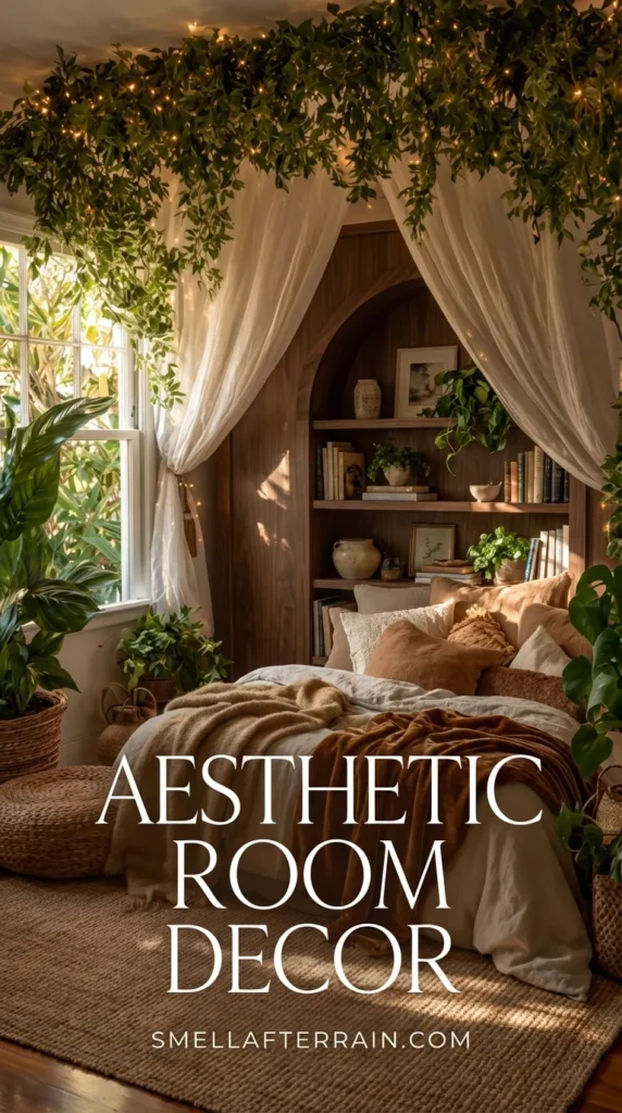 Aesthetic Room Decor: A cozy bohemian reading nook featuring a white canopy draped with hanging green vines and warm fairy lights, a rattan bookshelf, woven floor poufs, and plush earthy-toned pillows on a wooden floor.