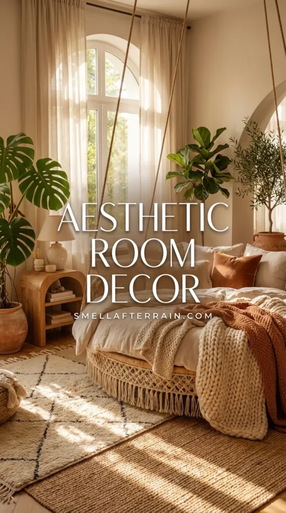 Aesthetic Room Decor: A sun-drenched bedroom featuring a large round hanging swing bed suspended by ropes, layered with beige linen pillows and a chunky knit throw blanket. Warm sunlight streams through sheer white curtains onto a round jute rug and wooden floors, surrounded by lush monstera plants and rattan furniture for a natural bohemian feel.