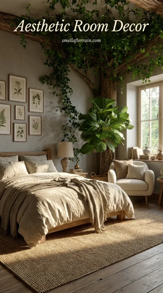 Aesthetic Room Decor: A sun-drenched bedroom featuring a large tree growing indoors across the ceiling, ivy trailing down grey walls, a rustic wooden bed with linen bedding, a round jute rug, and organic textures.