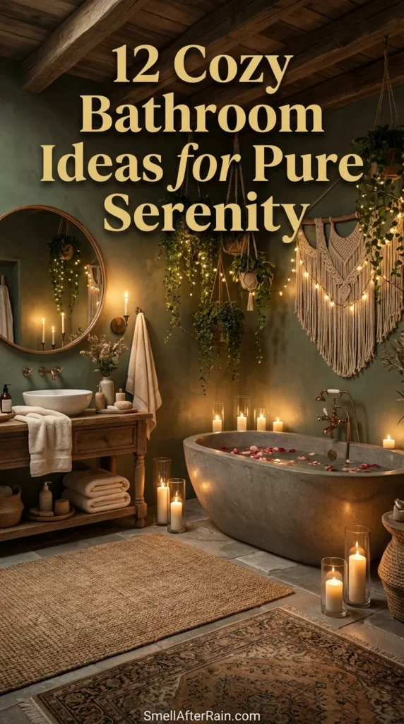 A warm, bohemian bathroom scene illustrating 12 cozy bathroom ideas for pure serenity. A white freestanding tub sits on layered vintage rugs, surrounded by glowing candles and string lights hanging from a rustic wood ceiling. Lush green plants cascade from the ceiling and brick walls, creating a biophilic sanctuary. The cozy atmosphere highlights organic imperfections and warm textures perfect for a relaxing home spa retreat.