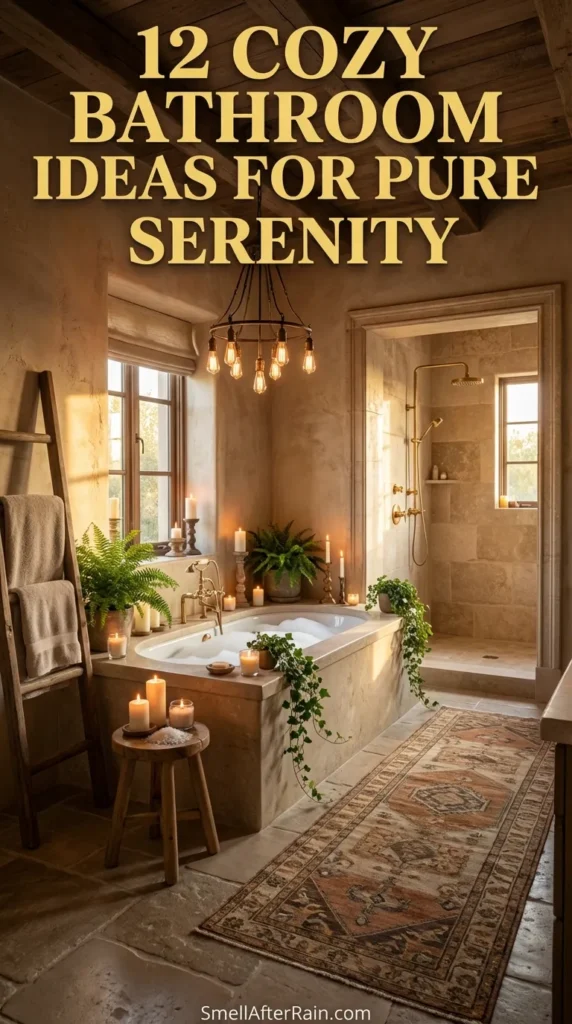 A rustic bathroom sanctuary featuring rough stone walls, exposed wooden ceiling beams, and a vintage clawfoot tub. Hanging ivy and potted ferns introduce biophilic elements, while warm lantern lights and candles create a soothing glow. An arched walk-in shower and woven textures complete this example of 12 Cozy Bathroom Ideas for Pure Serenity.