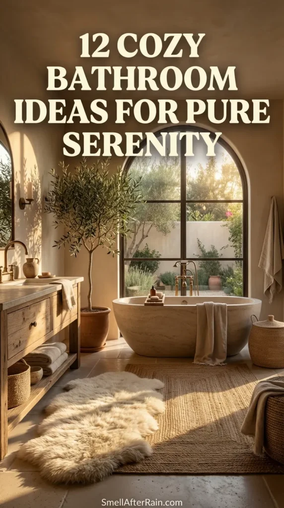 A sun-drenched bathroom featuring a freestanding white bathtub against subway tiles, perfectly illustrating 12 Cozy Bathroom Ideas for Pure Serenity. A large potted tree in a woven basket adds biophilic charm, while a warm wooden vanity and brass fixtures provide organic warmth. Three fluffy, textured rugs in earth tones layer the floor for acoustic softening, creating a spa-like retreat with bamboo window shades filtering natural light.