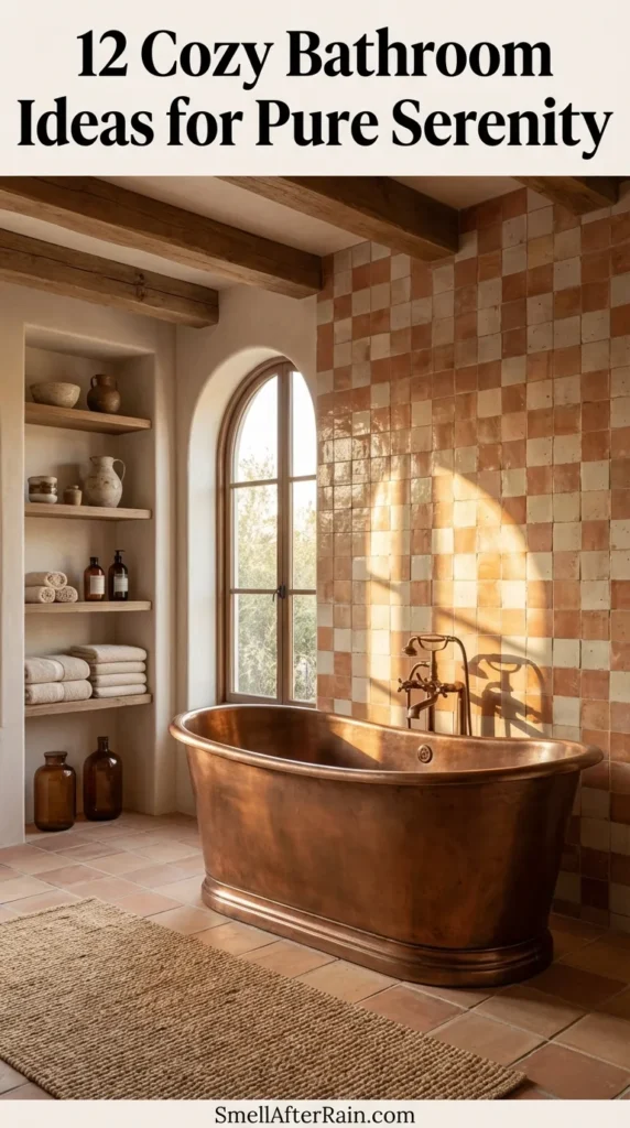 A warm and inviting bathroom featuring a freestanding soaking tub, vertical amber-brown tiles, and rustic wooden ceiling beams. Natural light streams onto a textured rug and draped linen towels, exemplifying 12 Cozy Bathroom Ideas for Pure Serenity. The space utilizes biophilic elements like pampas grass and organic textures to create a spa-like, grounding atmosphere.