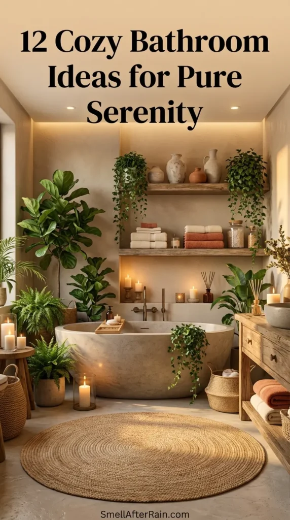 A warm, spa-like bathroom interior illustrating 12 Cozy Bathroom Ideas for Pure Serenity. The scene features soft circadian lighting, a light wood floating vanity with a vessel sink, and a deep soaking tub surrounded by glowing candles. Lush green plants, including a tall fiddle leaf fig, add biophilic elements. Fluffy white towels are stacked on a rustic wooden stool near plush beige bath mats, emphasizing texture and warmth.