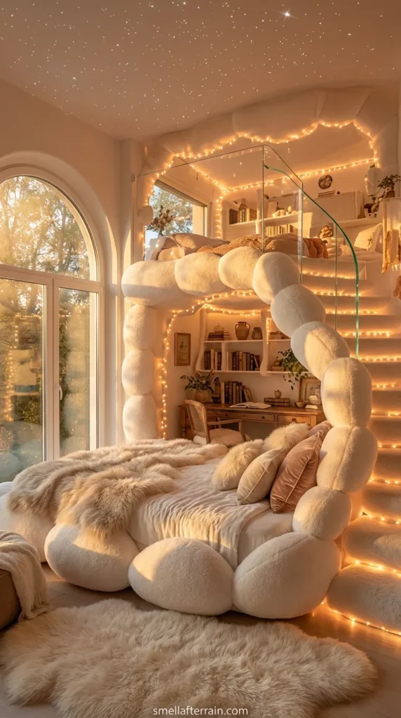 Dream Room Decor: A whimsical bedroom featuring a fluffy cloud-shaped bed frame and loft stairs lined with warm string lights. A large arched window shows a sunset, while a cozy desk setup sits beneath the loft in a soft pink and white color palette.