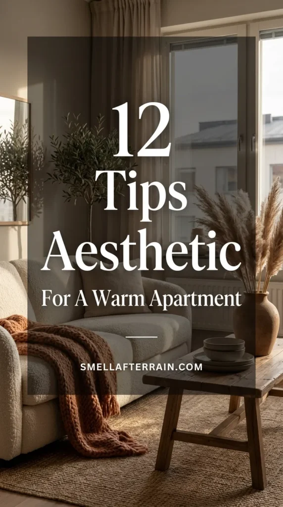 Warm Apartment Aesthetic: A cozy living room featuring earthy tones, textured throw pillows, layered rugs, and soft ambient lighting creating a relaxing sanctuary.