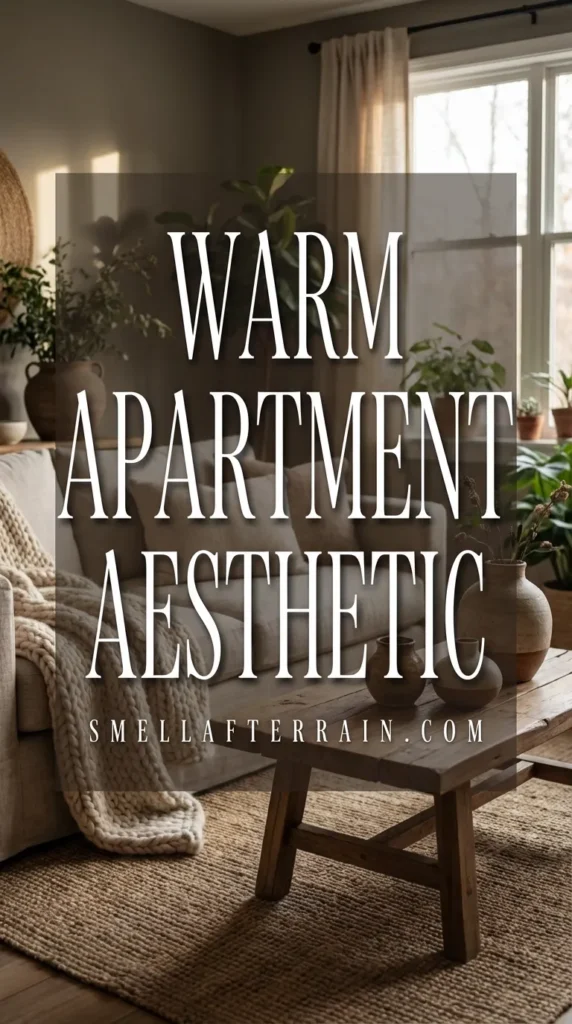 Warm Apartment Aesthetic: A cozy living room filled with earthy textures, soft ambient lighting, and layered neutral fabrics creates an inviting atmosphere.