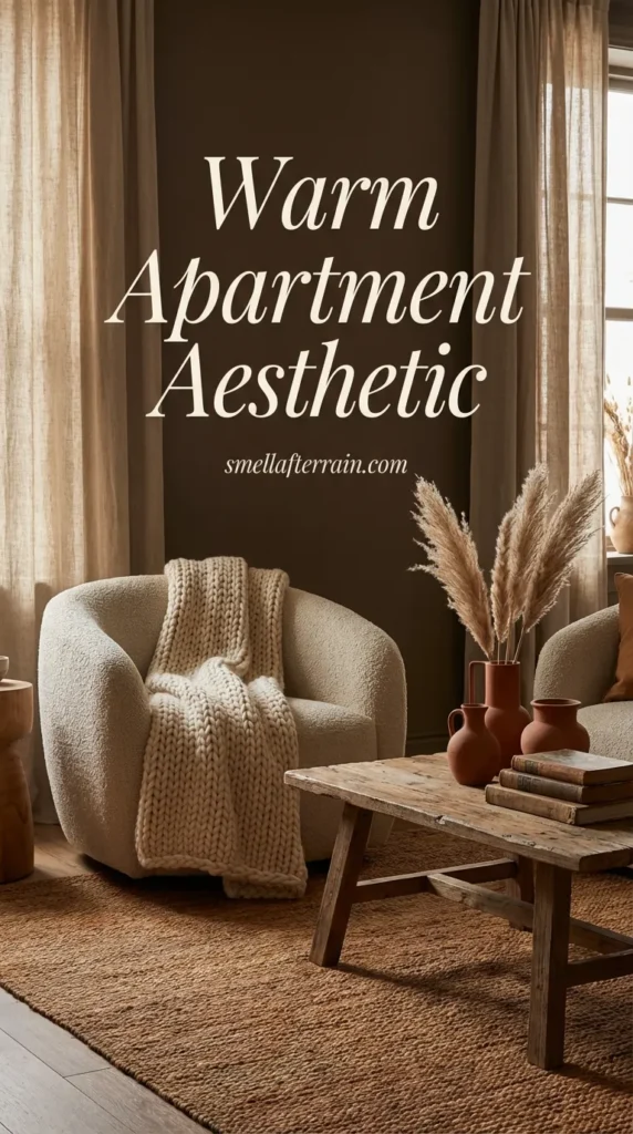 Warm Apartment Aesthetic: A cozy living room featuring beige boucle sofas, chunky knit throws, warm ambient lamp lighting, and earthy terracotta decor accents creating a snug atmosphere.