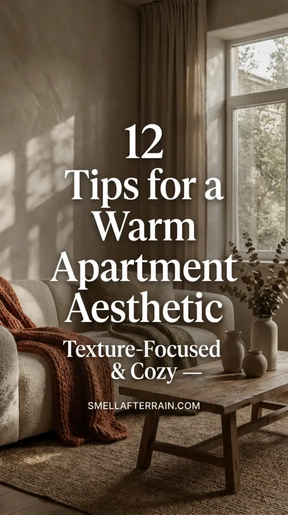 Warm Apartment Aesthetic: A cozy living room featuring earthy tones, soft knitted throws, ambient lighting, and textured decor elements that create a welcoming sanctuary.