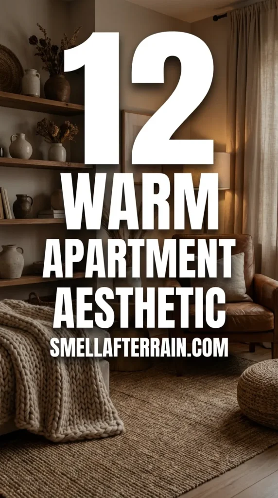 Warm Apartment Aesthetic: A cozy living room featuring earthy tones, soft ambient lighting, layered textured blankets, and natural wood decor.