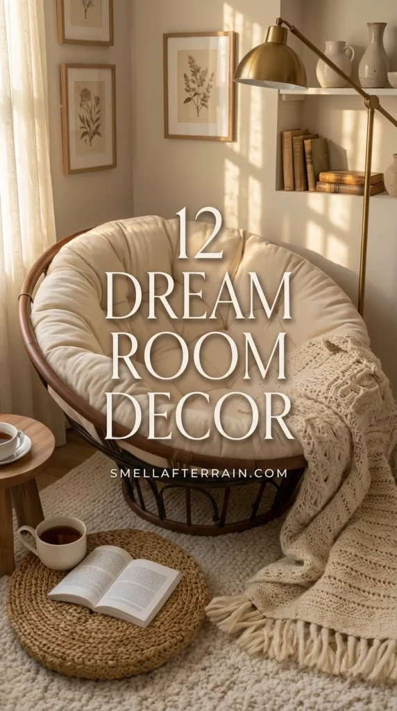 Dream Room Decor: A cozy corner reading nook featuring a brown wicker papasan chair with a plush cream cushion and a chunky knit throw blanket. A gold floor lamp casts warm light over the chair, while books and mugs of tea rest on a small wooden stool and a woven floor cushion on a shag rug.