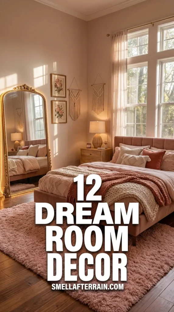 Dream Room Decor: A cozy bedroom aesthetic featuring soft pink ambient lighting, string lights framing a large mirror, a fluffy pink area rug, and a neatly made bed with wall art collages.