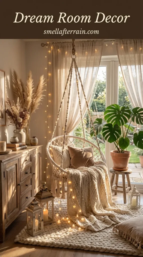 Dream Room Decor: A cozy corner featuring a hanging rattan egg chair wrapped in warm fairy string lights that puddle on the wooden floor. The chair holds textured beige pillows and a blue shell cushion, draped with a soft white throw. Tall pampas grass stands in a vase on a white radiator cover, while curtain lights illuminate the sheer window drapes in the background.