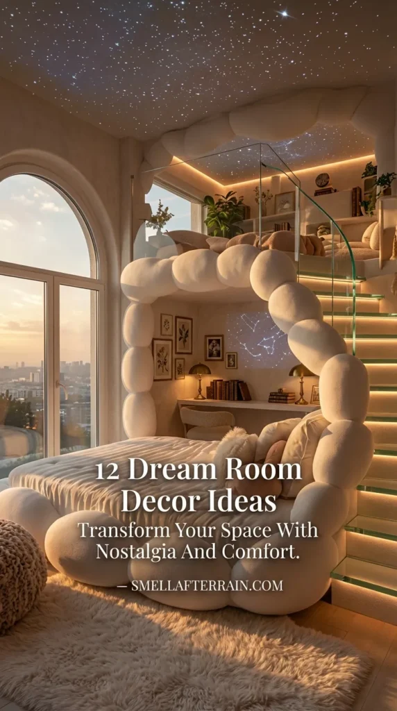 Dream Room Decor: A cozy, whimsical bedroom featuring a white cloud-shaped bed frame, a staircase lined with warm fairy lights leading to a loft, a starry night ceiling projection, and a large arched window with a sunset view.