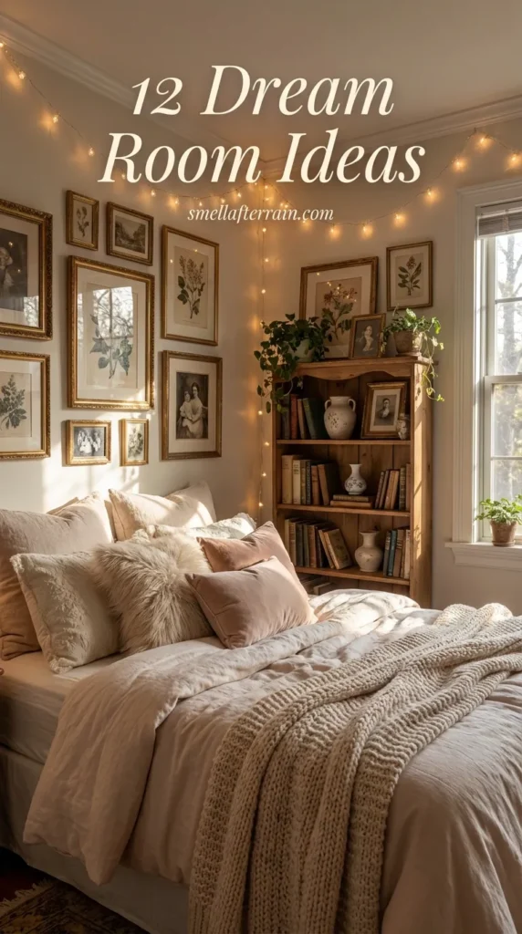 Dream Room Decor: A cozy aesthetic bedroom featuring warm string lights draped along cream walls, a gallery wall of framed art, and a plush bed layered with a white duvet and a chunky pink knit blanket. A white bookshelf sits next to the window.