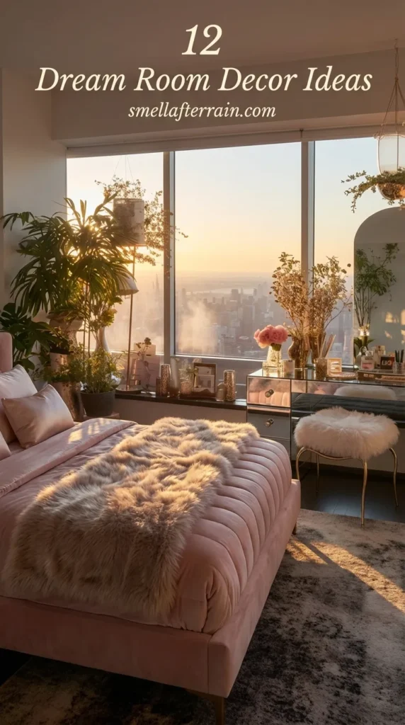 Dream Room Decor: A luxurious, romantic bedroom featuring a pink velvet tufted bed, a fluffy white ottoman, and a mirrored vanity table adorned with fresh pink roses, all set against a floor-to-ceiling window revealing a breathtaking golden city sunset.