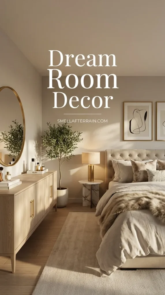 Dream Room Decor: A cozy, neutral-toned bedroom featuring a white six-drawer dresser with a round mirror, warm ambient lamp lighting, a beige tufted bed with white bedding and a round pillow, minimalist line art wall frames, and a soft white runner rug on wooden floors.