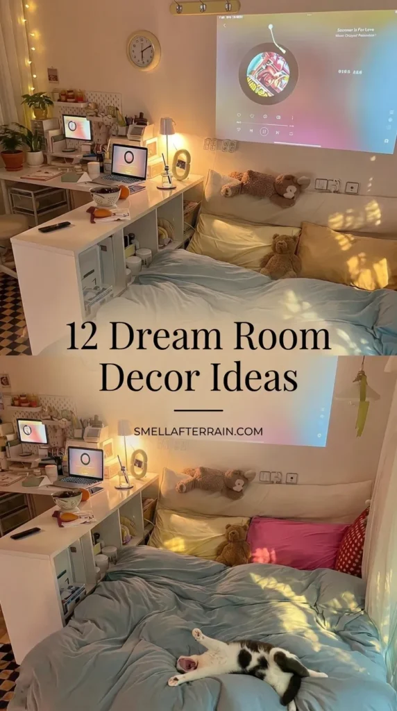 Dream Room Decor: A cozy bedroom sanctuary featuring a wall projector displaying a music player, a study desk with warm lamp lighting, plush pillows with teddy bears, and a black and white cat yawning on a soft blue duvet.
