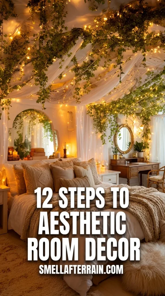 Aesthetic Room Decor: A magical bedroom scene featuring a ceiling draped in white fabric, hanging ivy vines, and twinkling fairy lights. The bed is layered with beige pillows and a fluffy white duvet, situated near a vanity with an arched mirror reflecting warm, ambient golden light.