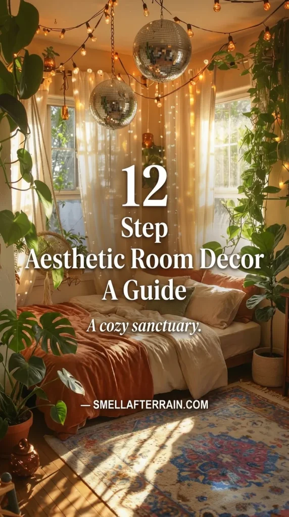 Aesthetic Room Decor: A cozy bohemian bedroom corner bathed in warm golden sunlight featuring hanging plants, string lights, sheer curtains, and a low bed with mustard yellow bedding and patterned rugs.