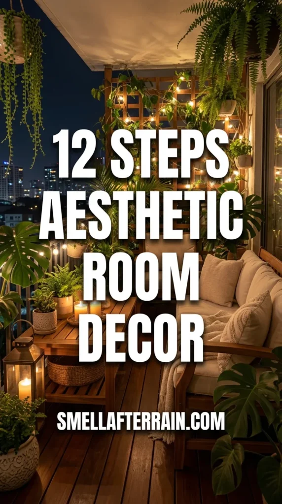Aesthetic Room Decor: A cozy night-time balcony featuring warm fairy lights draped over railings and hanging vines, wooden deck tiles, and a rustic wooden bistro set with soft floral cushions overlooking blurry city lights.
