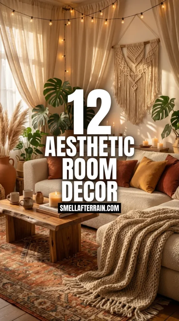 Aesthetic Room Decor: A cozy bohemian living room corner featuring warm fairy lights, rust and cream textured pillows, sheer curtains, lush monstera plants, a chunky knit blanket, and glowing candles on rustic wooden crates.