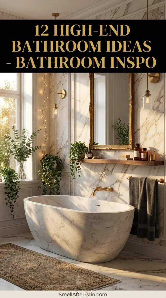 A cozy, luxurious bathroom featuring a deep freestanding tub surrounded by hanging ivy plants and warm fairy lights. The space illustrates 12 High-End Bathroom Ideas - Bathroom Inspo with globe pendant lighting, a round statement mirror reflecting the room, marble-style wall tiles, and a floating wooden shelf with candles. A plush white rug sits on the floor, enhancing the spa-like atmosphere.