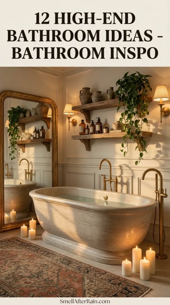 A serene, spa-like bathroom featuring a deep white freestanding tub filled with water, surrounded by glowing floor candles. Wooden floating shelves display potted plants and amber bottles, flanked by warm wall sconces. A textured beige rug and wooden towel ladder add warmth to the cream-colored walls. This setting illustrates 12 High-End Bathroom Ideas - Bathroom Inspo, focusing on mood lighting and natural textures.