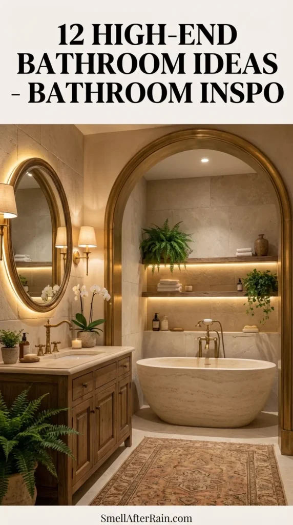 A cozy, spa-inspired bathroom featuring stacked stone walls, a floating wood vanity with a stone vessel sink, and a glowing round mirror. Woven baskets, hanging plants, and a bamboo ladder towel rack add natural texture. This setting exemplifies 12 High-End Bathroom Ideas - Bathroom Inspo, highlighting organic materials and mood lighting.