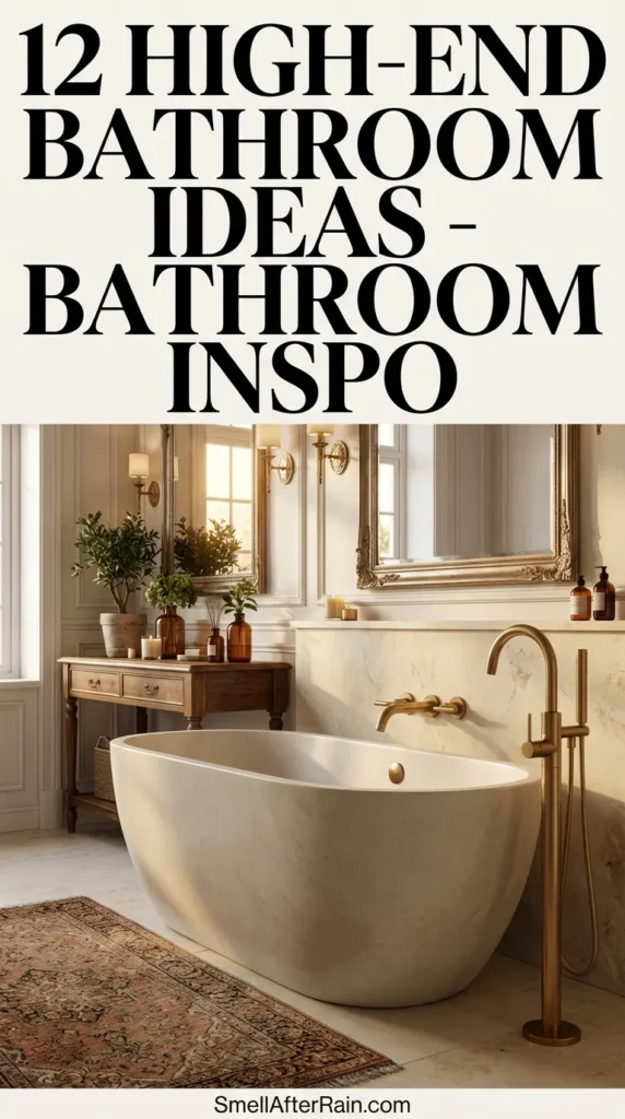 A luxurious, neutral bathroom featuring a textured stone shower wall, frameless glass enclosure, and unlacquered brass shower fixtures. A light wood vanity holds a vessel sink under a round backlit mirror, decorated with pampas grass and candles. This soothing space illustrates 12 High-End Bathroom Ideas - Bathroom Inspo, highlighting monochromatic texture layering and spa-like ambiance.