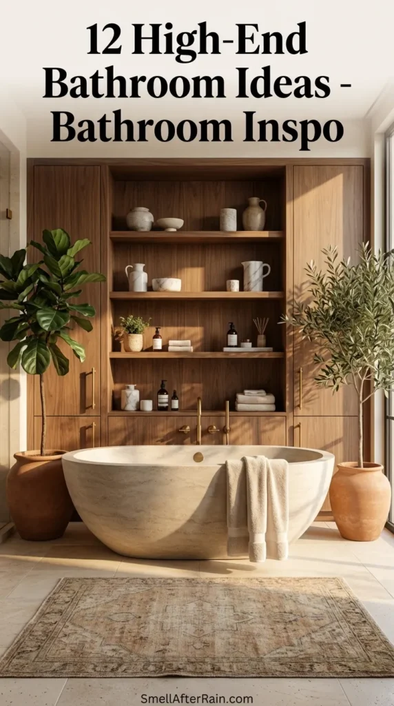 A serene, organic modern bathroom illustrating 12 High-End Bathroom Ideas - Bathroom Inspo. The space features textured beige walls with three rows of illuminated open wooden shelving holding plants and pottery. A white freestanding sculptural tub sits on a tile floor next to a woven jute rug and a large indoor plant. To the left, a floating wood vanity with a vessel sink and wall-mounted faucet completes the luxury spa look.