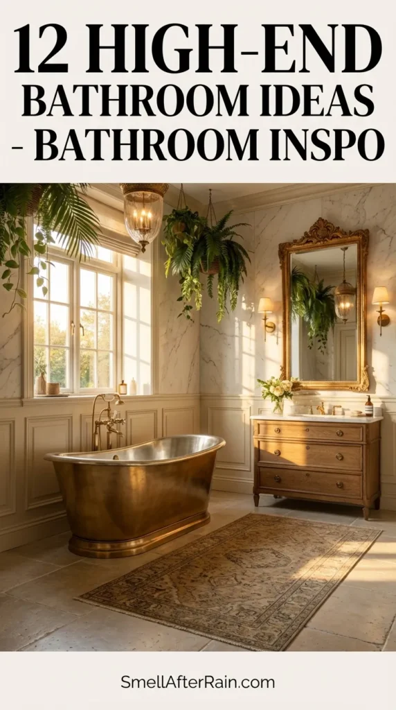 A cozy, rustic-chic bathroom featuring a white clawfoot freestanding tub against a dark wood panel wall. The space includes hanging fern plants, white subway tiles, and a wooden vanity. Woven baskets and patterned rugs add texture to the concrete floor. This design serves as a perfect example for 12 High-End Bathroom Ideas - Bathroom Inspo, showcasing how layered lighting and natural textures create a luxurious sanctuary atmosphere.