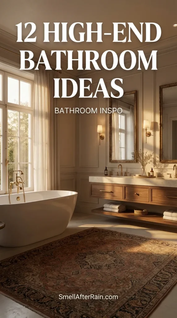 A luxurious bathroom interior featuring a floating wood vanity with under-cabinet lighting and grey subway tiles. The room illustrates 12 High-End Bathroom Ideas - Bathroom Inspo with a white freestanding tub, large eucalyptus arrangement, and flickering candles on the window sill. Gold brass fixtures, pendant lights, and a vintage persian runner rug complete the cozy, high-end aesthetic.
