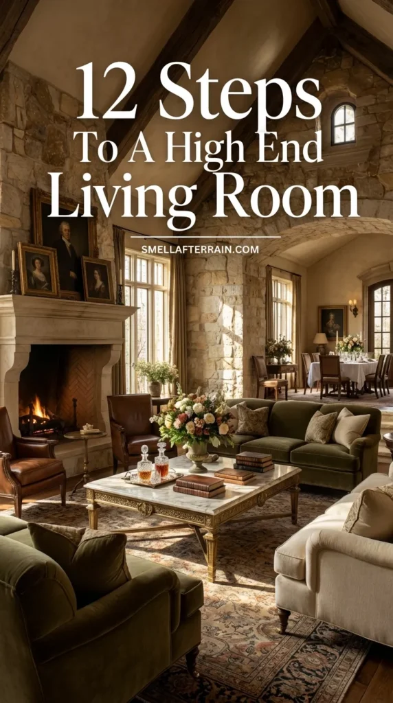 Expansive high-end living room with a towering stone fireplace, vaulted wooden beam ceilings, and rough-hewn stone walls. Neutral beige sofas frame a rustic wooden coffee table on an antique rug. An arched doorway leads to a dining area, embodying the Old Money aesthetic and timeless luxury design.