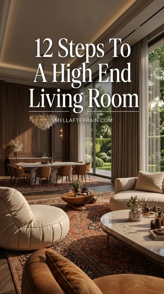 A luxurious high-end living room featuring floor-to-ceiling windows with a forest view. The space showcases a beige curved sofa, a round wooden coffee table, and built-in shelves with warm ambient lighting. In the background, a modern dining area complements the Old Money aesthetic. Soft textures and neutral colors create a timeless, elegant atmosphere perfect for luxury home decor inspiration.