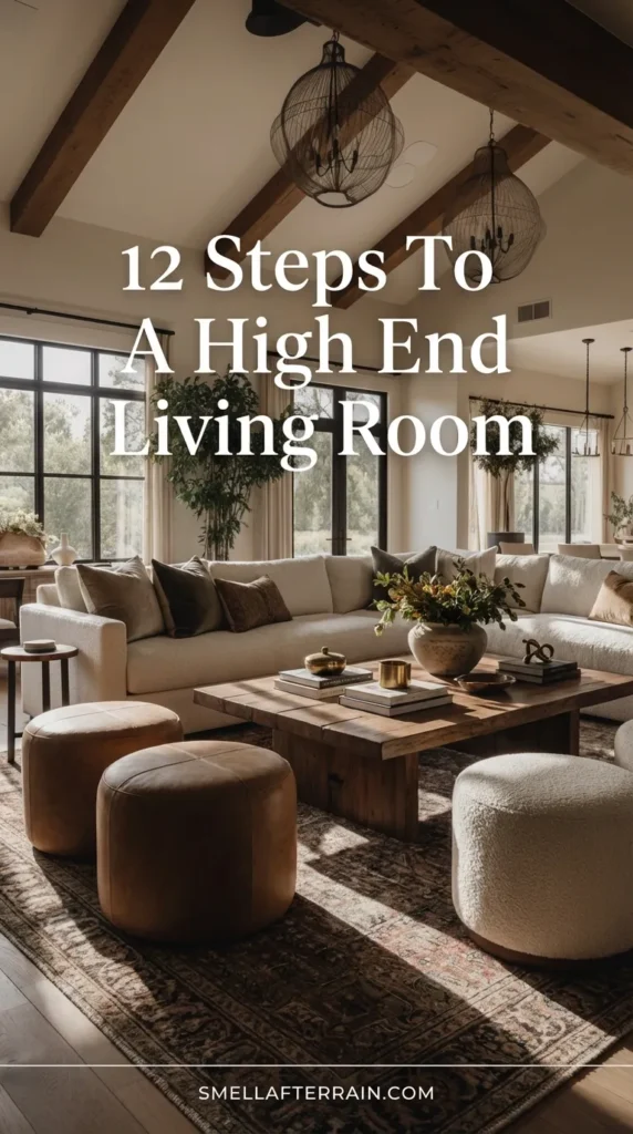 Spacious luxury living room featuring vaulted ceilings with rustic wood beams and large wire pendant lights. A cream L-shaped sectional sofa pairs with a rustic wood coffee table and round suede ottomans. Large black-framed windows illuminate the neutral organic modern decor, indoor trees, and textured rug.