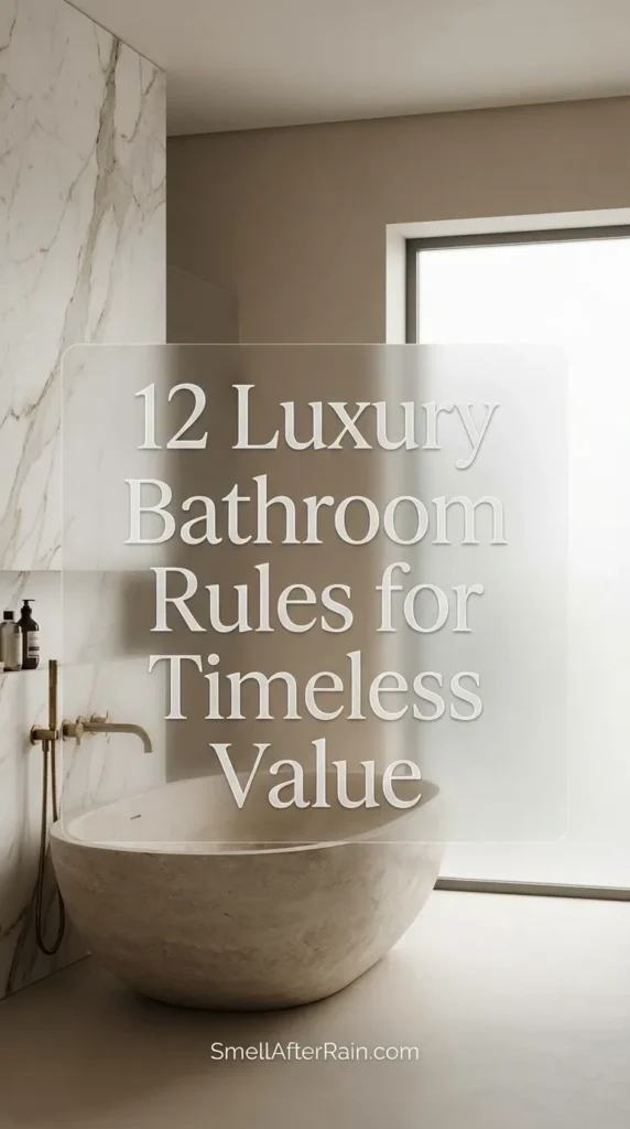 A stunning, spa-like master bathroom featuring a freestanding soaking tub, white marble countertops, and warm brass lighting fixtures, exemplifying the 12 Luxury Bathroom Rules for Timeless Value and high-end interior design strategies.