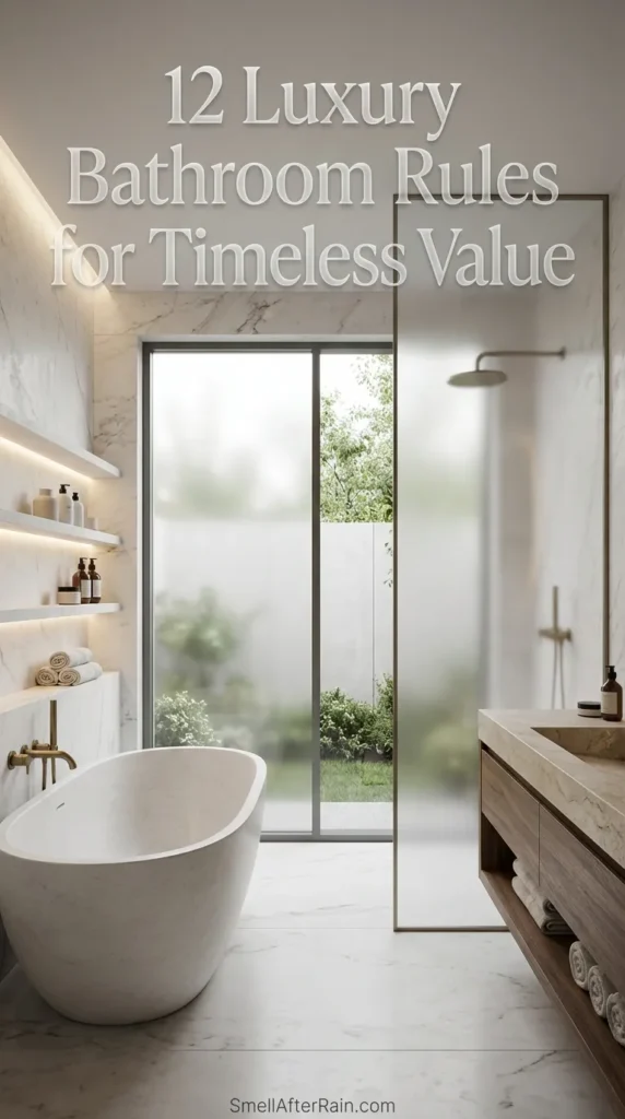 A pristine, high-end master bathroom featuring a white marble vanity, a freestanding soaking tub, and elegant brass lighting fixtures. The space illustrates the 12 Luxury Bathroom Rules for Timeless Value, focusing on classic architecture and premium materials.