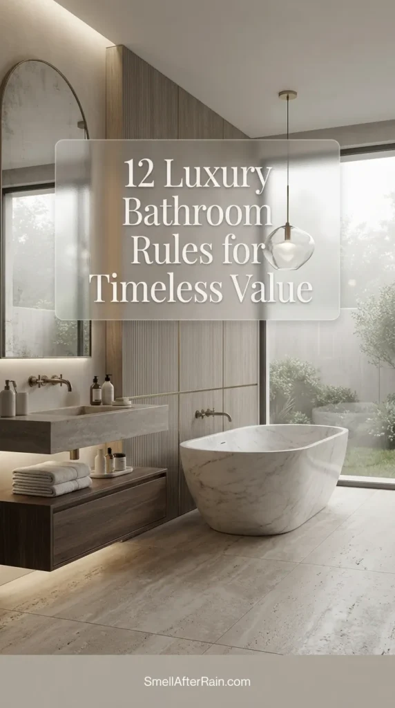 A bright, elegant master bathroom featuring a freestanding soaking tub, white marble countertops, and brushed gold fixtures, illustrating 12 Luxury Bathroom Rules for Timeless Value. High-end interior design inspiration for bathroom renovations focusing on timeless style and increased home equity.