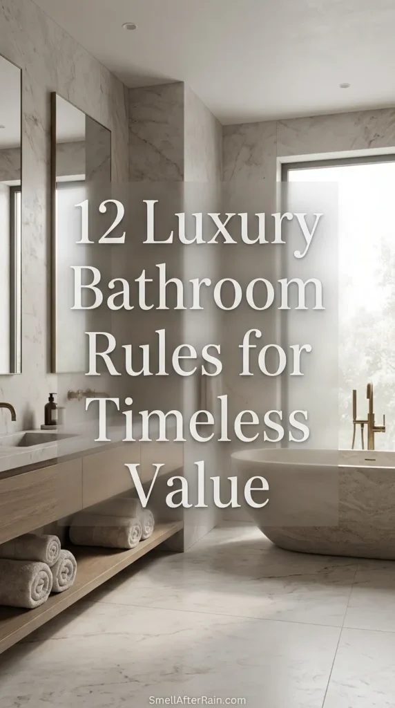 A stunning, bright master bathroom featuring white marble countertops, a freestanding soaking tub, and elegant brass fixtures, illustrating 12 Luxury Bathroom Rules for Timeless Value and high-end interior design strategies.