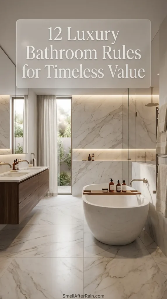 A spacious, spa-like bathroom interior featuring a freestanding soaking tub, Calacatta marble vanity, and brass fixtures, embodying 12 Luxury Bathroom Rules for Timeless Value. The bright, airy space highlights high-end material selection and professional lighting design suitable for increasing home equity.