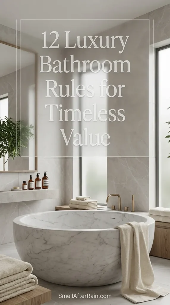 A bright, spa-like bathroom interior featuring a freestanding soaking tub, white marble flooring, and brushed gold fixtures, illustrating the 12 Luxury Bathroom Rules for Timeless Value and high-end interior design.