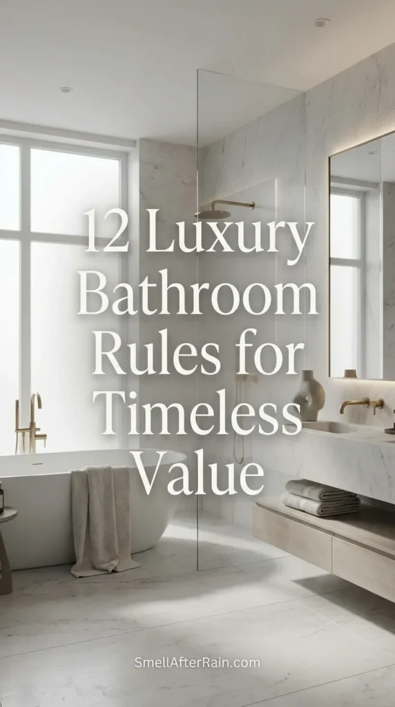 Elegant white marble master bathroom featuring a freestanding tub, gold hardware, and custom cabinetry, representing the 12 Luxury Bathroom Rules for Timeless Value and high-end interior design strategies.